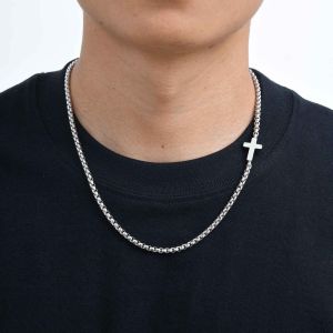 Kemstone Mens Stainless Steel Side Cross Pendant Necklace with Box Chain Minimalist Style