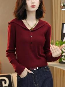 Red Hooded Knitted Sweater for New Years Fashionable plus Size Base Layer Top Korean Style Straight Cut Long Sleeve Crew Neck