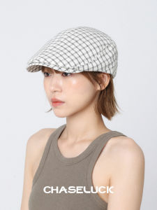 White Plaid Beret Hat Womens Thin Summer New Style Checkered Newsboy Cap Large Head Size Painter Hat Casual Cotton Material