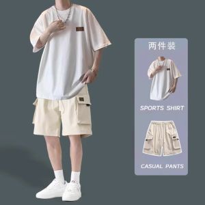 Summer Loose Pure Cotton Short Sleeve T-Shirt Mens Casual Set Cool And Handsome Youth Fashion Two-Piece Set round Neck
