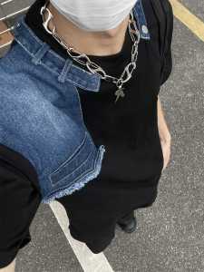 Denim Patchwork Short Sleeve Baby Boy and Girl Summer Deconstruct Niche Design Fashion Trendy Loose Half Sleeve Fancy T-Shirt