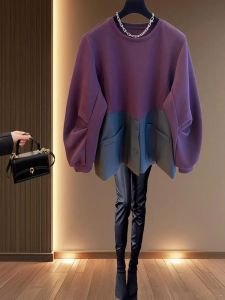 Stylish American Style Womens Sweatshirt Purple Patchwork Autumn Winter Outerwear Casual Comfortable Cotton Long Sleeve Hoodie