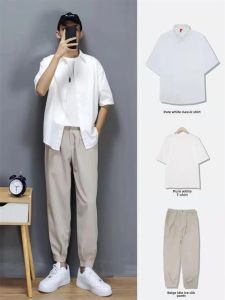 Summer Casual Mens Shirt Set Korean Trendy One-Piece Matching Hip Hop Ins Hong Kong Style Three-Piece Set for Teenagers