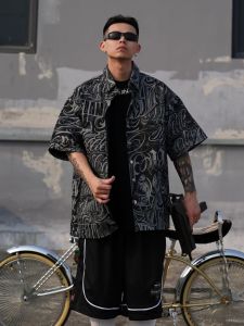 Large Size 300 Pounds Hong Kong Style Printed Casual Shirt Short Sleeve Mens Summer American Retro Top Breathable Thin Material