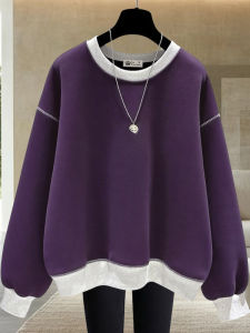 Purple Fleece Lined Hoodie Womens Casual Thin round Neck Loose Fit Splice Color Block Long Sleeve Pure Color Spring Autumn Winter
