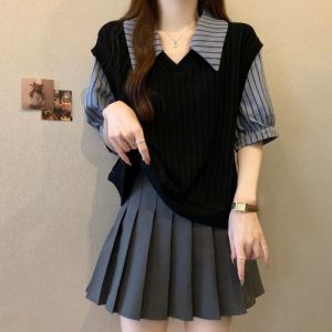 AIYITI | Large Size Women Stripe Splice Faux Two-Piece Short Sleeve Loose Shirt