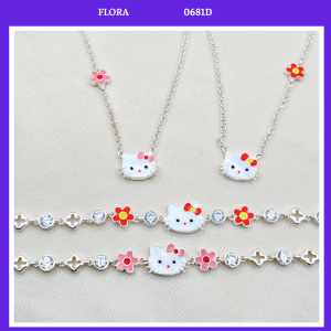 FLORA 0681D - Set bạc ta dây chuyền lắc tay hình mèo Hello Kitty màu hồng đỏ dành cho bé gái