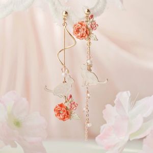 2022 New Korean Style Flower Asymmetrical Dangle Earrings for Women Shiny Rhinestone Long Tassel Cute Cat Earring Sweet Jewelry