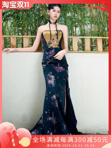 Elegant Black Wedding Dress Morning Robe Style Slim Fit Chinese New Style Long Qipao for Women Engagement Party Dresses