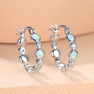 Sparkling Opal Hoop Earrings for Women Silver Color Elegant Earrings with Zircon Vintage Blue Floral Dangle Earrings for Gift