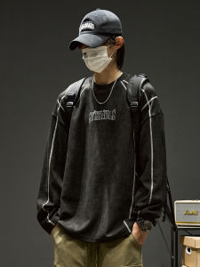 เสื้อยืดคอกลมแขนยาวผ้ากำมะหยี่พิมพ์ลายแฟชั่นสไตล์อเมริกันสำหรับผู้ชาย เสื้อตัวบนทรงหลวมสบายๆ ฤดูใบไม้ผลิและฤดูใบไม้ร่วง