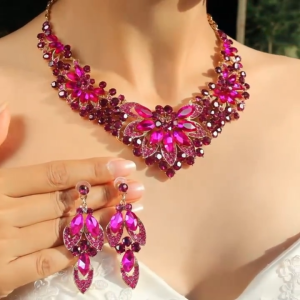 Women 3pcs Rhinestone Jewelry Set Extravagant Crystal Necklace & Earrings Set for Wedding Bridal Party