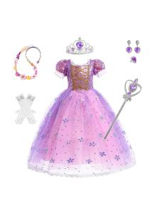 ชุดเจ้าหญิงยาวสำหรับเด็กผู้หญิง ชุดฮาโลวีน เสื้อผ้าเด็ก ชุดนางฟ้าสีม่วง ชุดกระโปรงผ้าโปร่ง ชุดเดรสฤดูใบไม้ร่วง ชุดกระโปรงสั้นแขนสั้น