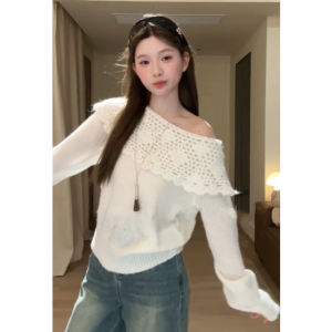 YUEZHONGWEI | Elegant French Lace Hollow Out Off Shoulder Knit Sweater