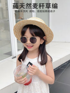 Cute Childrens Straw Hat Pearl Lace Flat Top Large Brim Sun Hat Princess Style Outing Cap Boy Girl Universal Fashionable Hat