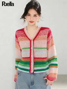 puella | Trendy Multicolor Knitted Top Contrast Vintage Bell Sleeves