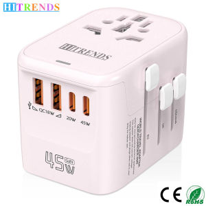 HITRENDS 45W GaN International Travel Adapter 2USB and 2 Type C GaN Fast Charging Port Chargers with EU AU USA UK Travel Plug