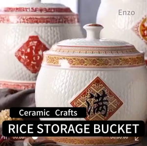 5kg/10kg Ceramic Rice Cylinder Household Rice Barrel with Lid Sealed Jar Storage Jar Moisture-Proof