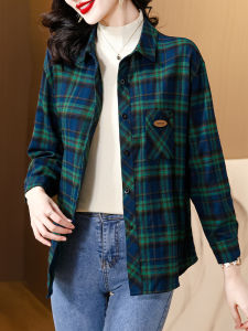 เสื้อเชิ้ตลายสก็อตคอโปโลผ้าฝ้ายแท้แขนยาวสไตล์ฤดูใบไม้ร่วงสำหรับผู้หญิง เสื้อคลุมกันหนาวแบบอเนกประสงค์ เสื้อผ้าทำงานสไตล์ย้อนยุค
