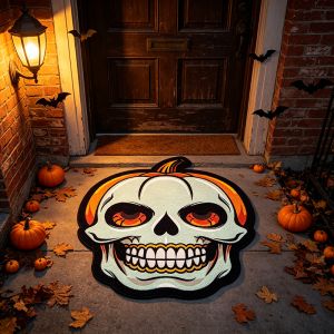 VIKAMA Halloween Skull Pumpkin Shaped Bath Rug Non‑Slip Absorbent Floor Mat for Bathroom Entryway Holiday Party Home Decoration