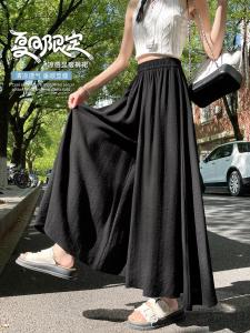 Váy Quần Vải Lanh Đen Cạp Cao Mùa Hè 2025 Mới Váy Quần Ống Rộng Bằng Lụa Băng Váy Ngắn Xếp Ly Thoải Mái Cho Nữ