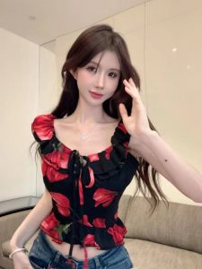 GUZILIAN | Retro Rose Embroidered Slim Fit One Shoulder Womens Tank Top Summer Sweet And Spicy Style Tea Break Fashion Casual Commute Wear