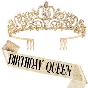 2pcs/set Bling Rhinestone Crystal Crown Tiara Birthday Girl Queen Sash Crown for Women Girl Birthday Party Decoration Kit