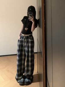 Quần Ống Đứng Kẻ Caro Phong Cách Mỹ Cổ Điển Cỡ Lớn Cho Nữ Mùa Hè Quần Ống Rộng Rộng Rãi Thoải Mái Dài