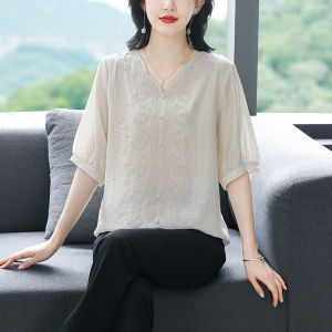 High-End Cotton Linen Embroidered Shirt Women Short Sleeve Summer New Mom Flax Shirt Belly Covering Linen Top Korean Style Loose Fit