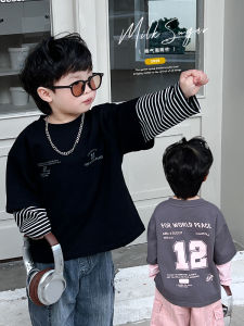 Korean Style Long Sleeve T-Shirt for Boys Baby Fashionable Patchwork Fake Two-Piece Spring Autumn Versatile Cute Kids Clothes