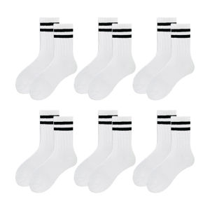 6 Đôi Tất Nam Thoáng Khí Giữa Ống Tất Xuân Thu Đơn Giản Thường Ngày Đen Sọc Trắng Cotton Cao Cấp Tất Tròn
