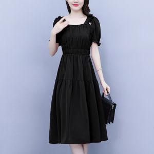 ชุดเดรสสีแดงหรูหรา ฤดูร้อน 2025 ชุดเดรสยาวเอวสูงสไตล์เกาหลี แขนสั้น คอเหลี่ยม กระโปรงทรงเอ ชุดเดรสผู้หญิง