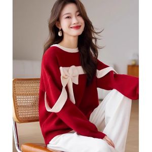 WANGGONGZHU | Trendy Butterfly Knot Color Block Long Sleeve Knitted Sweater Womens Autumn Winter Slimming Round Neck Pullover Woolen Top