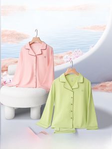 MiiOW | ชุดนอนผู้หญิงผ้าฝ้ายแท้ 100% แขนยาว ชุดนอนฤดูใบไม้ร่วง/ฤดูหนาว ชุดอยู่บ้าน คอกลม ปกติ 2 ชิ้น ชุดนอนผ้าฝ้ายแท้ 100%