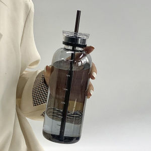 Transparent Glass Water Bottle with Double Cover Student School Portable Water Cup with Time Marker Healthy Drinking Cup