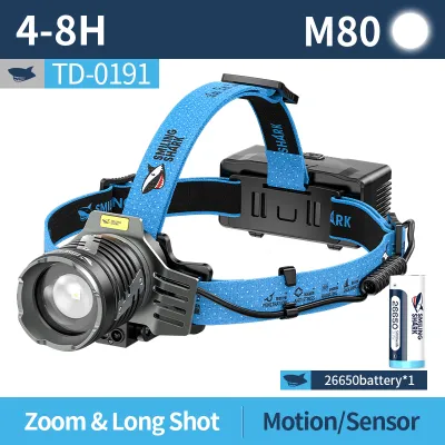 Smiling Shark ไฟคาดศีรษะ LED M80 10000LM ชาร์จ Type-C ไฟตกปลามีเซ็นเซอร์ 7 โหมด แบตเตอรี่ความจุสูง เหมาะสำหรับกิจกรรมกลางแจ้ง เดินป่า เดินทาง TD0191