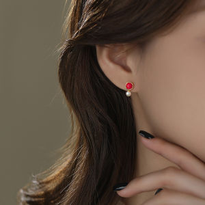 S925 Pure Silver Geometric Pearl Earrings Womens Unique Design Fashionable Red New Year Jewelry Fresh out Korean Style