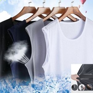 Summer Mens Ice Silk Vest Plus Size Loose Sleeveless Top Quick-drying Breathable Sweat Vest Sports Sports Round Neck Summer New Solid Color Homewear Soft Skin-friendly Pajamas