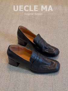 วินเทจของแท้ หนัง ผู้หญิง รองเท้า สไตล์อังกฤษ ฝรั่งเศสส้นรองเท้าส้นสูงแบบสวมรองเท้าไม่มีส้นแฟชั่นรองเท้าเดียวสําหรับเยาวชน