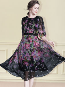 Elegant Silk Floral Print Dress round Neck Slimming Summer Beachwear Womens Premium Quality Mulberry Silk Long A-Line Gown