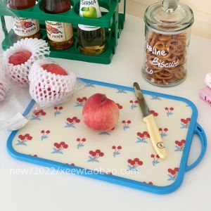 Retro Floral Cherry Double-Sided Cutting Board Kitchen Tool Vegetable Fruit Tray Photo Prop Soft Silicone Rectangular Shape