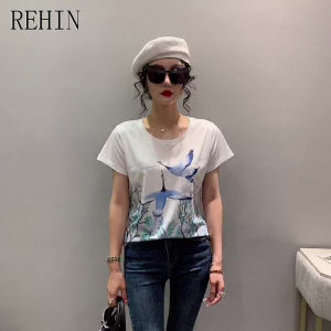 REHIN Womens top Summer new fashion Unique printing polka dot short-sleeved T-shirt cotton S-3XL slim fit bottoming shirt