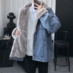 Rabbit Fur Thickened Fleece-lined Denim Outwear Mens Winter Lapel Cashmere Jacket Winter Warm-Keeping Cotton Clothing Chopsticks
