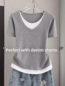 Large Size Color Block Fake Two-piece Slimming V-neck Short Sleeve Women T Shirt