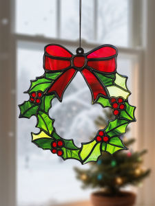 Green Christmas Acrylic Holly Wreath Ornament with Red Bow Hanging Window Decor Festive Xmas Tree Decoration for Home & Party