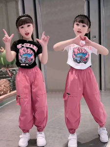 Fashionable Thin Summer Workwear Pants Set for Girls Cartoon T-Shirt Korean Style Cotton Material Breathable Comfortable