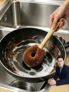 HANSHILIUJIA | Natural Coconut Palm Bristles Long Handle Easy-to-Grip Kitchen Pot Scrubber