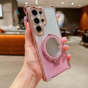 Luxury Magsafe Wireless Charging Glitter Phone Case For Samsung Galaxy S25 Edge S26 S24 Ultra S23 S22 S21 S20 Fe Plus Note 10 Plus 20 Ultra 5G Plating Mirror Airbag Holder Cover Casing