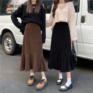 กระโปรงทรงเอผ้าคอร์ดูรอยหนา ทรงหางปลา ทรงเอ ทรงเข้ารูป ฤดูใบไม้ร่วง/ฤดูหนาว กระโปรงทรงเอสำหรับผู้หญิงไซส์ใหญ่