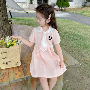ชุดเดรสคอโปโลแขนสั้นสไตล์ฤดูร้อนสำหรับเด็กผู้หญิง ชุดเด็กสุดเก๋ สไตล์เจ้าหญิง ชุดเดรสผ้าตาข่ายเอวกลาง